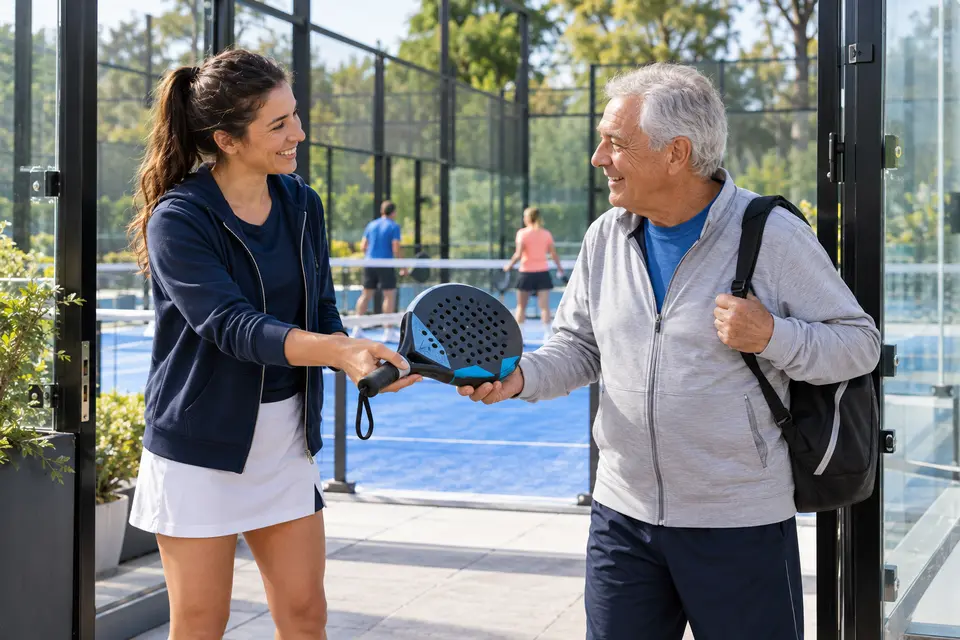 Иллюстративная сцена, где волонтер приветствует новичка в паделе.